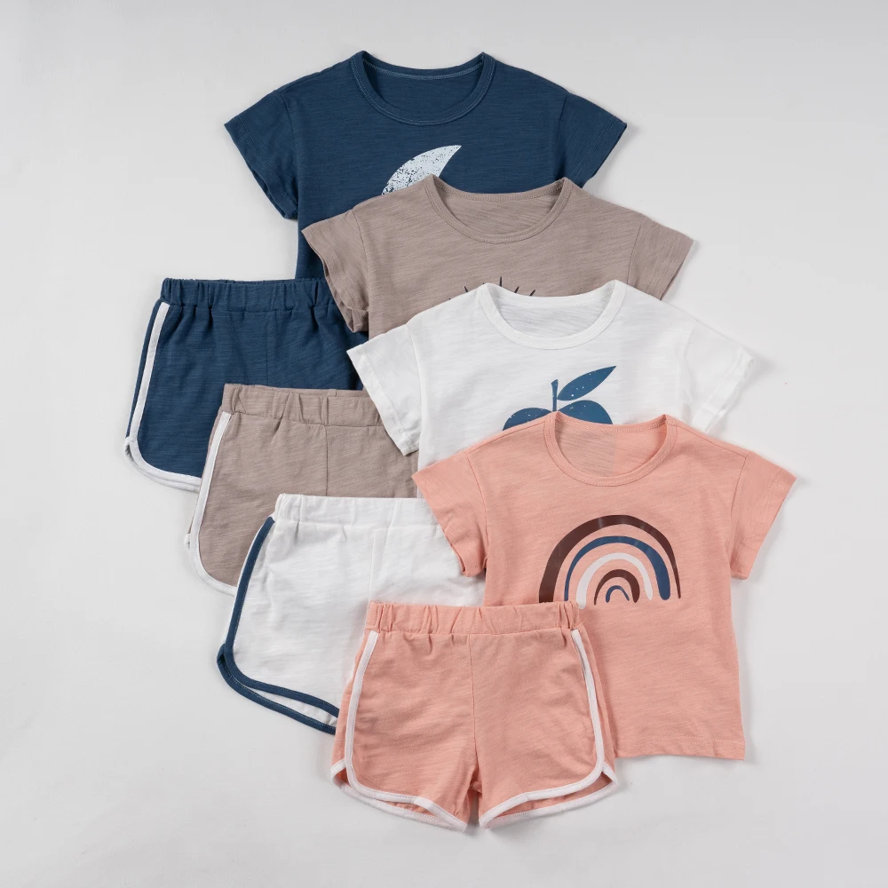 Cotton Kids Suit For Boys Girls Casual Short Sleeve T-Shirt Top+ Shorts Pant 2Pcs Print  Outfit Set 0-5Years 2023 Summer New