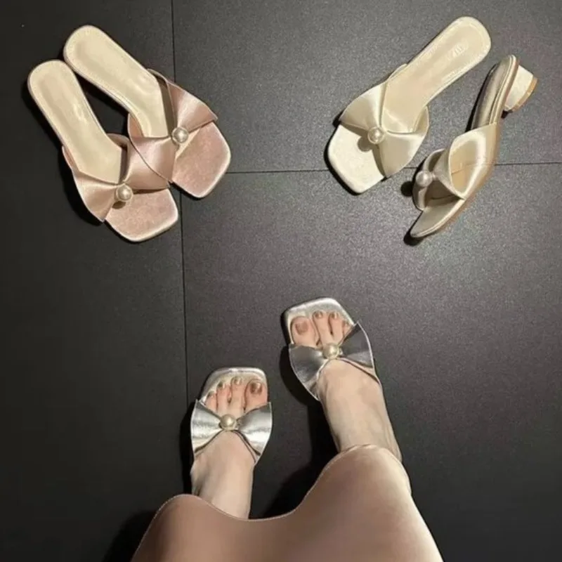 

Bow Women Slippers High Heeled Sandals Summer Shoes Bead 2025 Square Toe Elegant Chunky Dress Pumps Trend Sandalias De Mujer