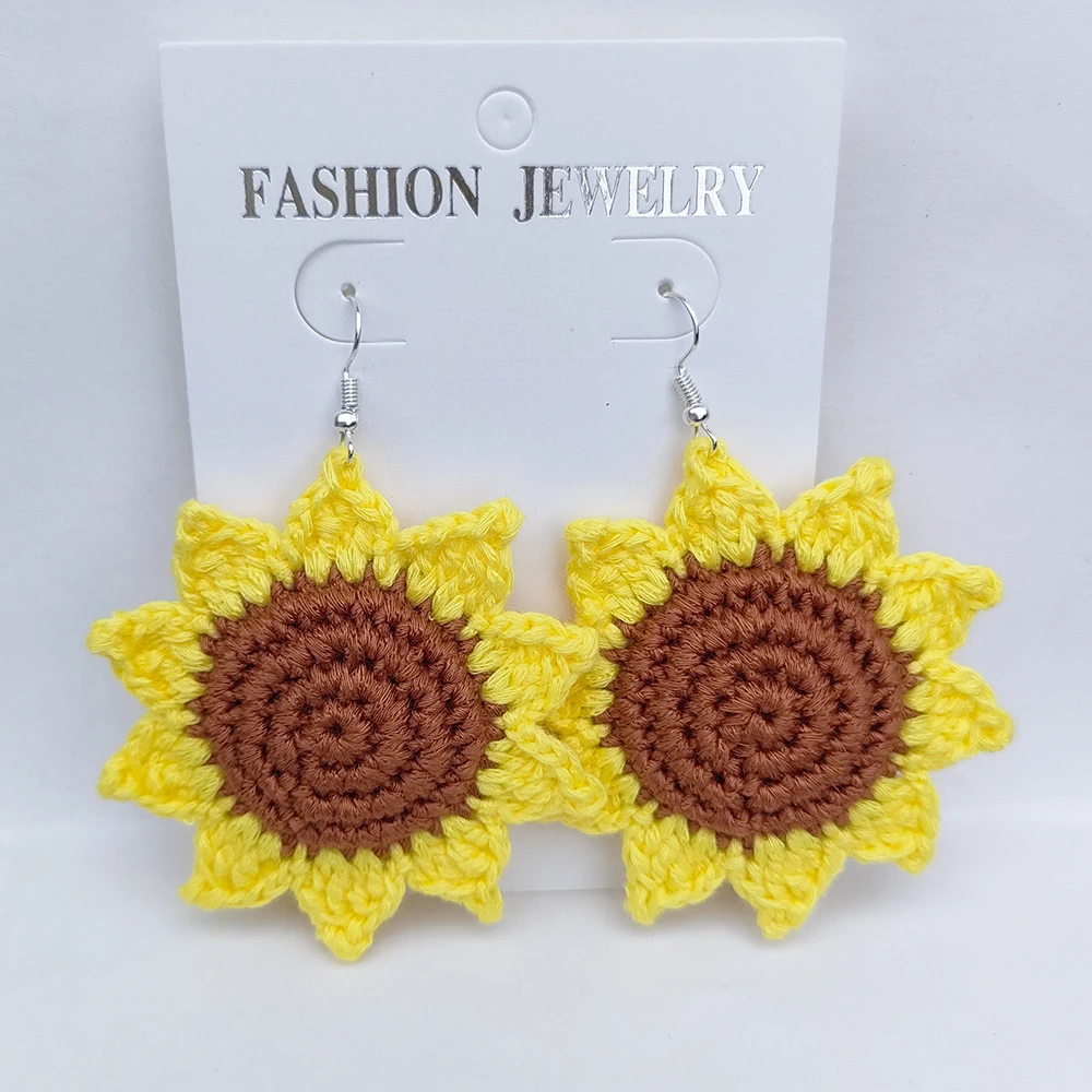 Handmade Knitted Sunflower Dangle Hooks Earrings for Women Fashion Big Flower Drop Accessories Boho Girls Party Holiday Jewelry