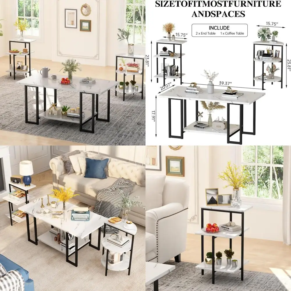 

3-Piece Faux Marble and Metal Coffee Table Set for Living Room, Modern Style