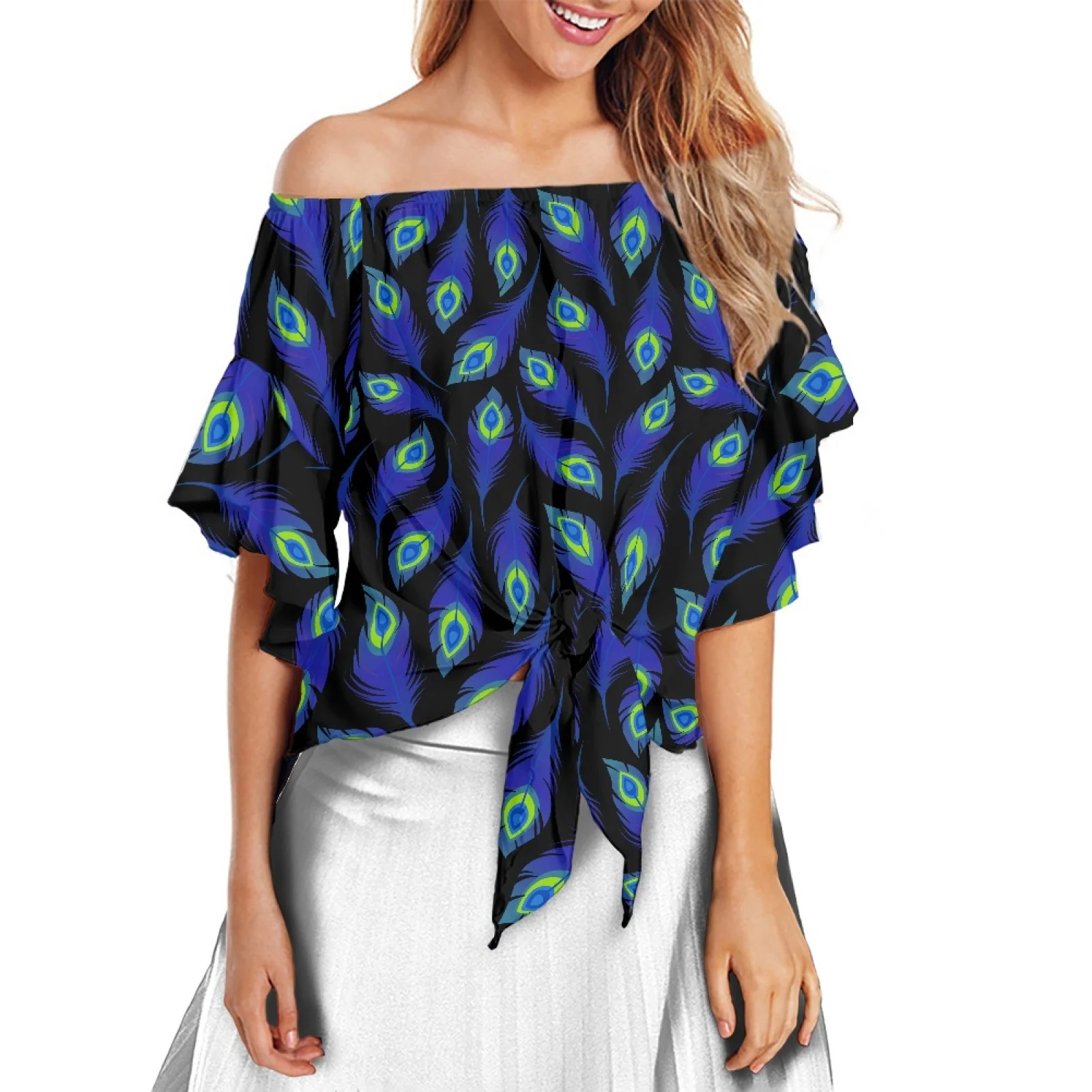 

Elegant Women Off Shoulder Tops Women Shirt Polynesia Tribe New Womens Clothing Flare Sleeve Colorful Feather Print Blouses Top