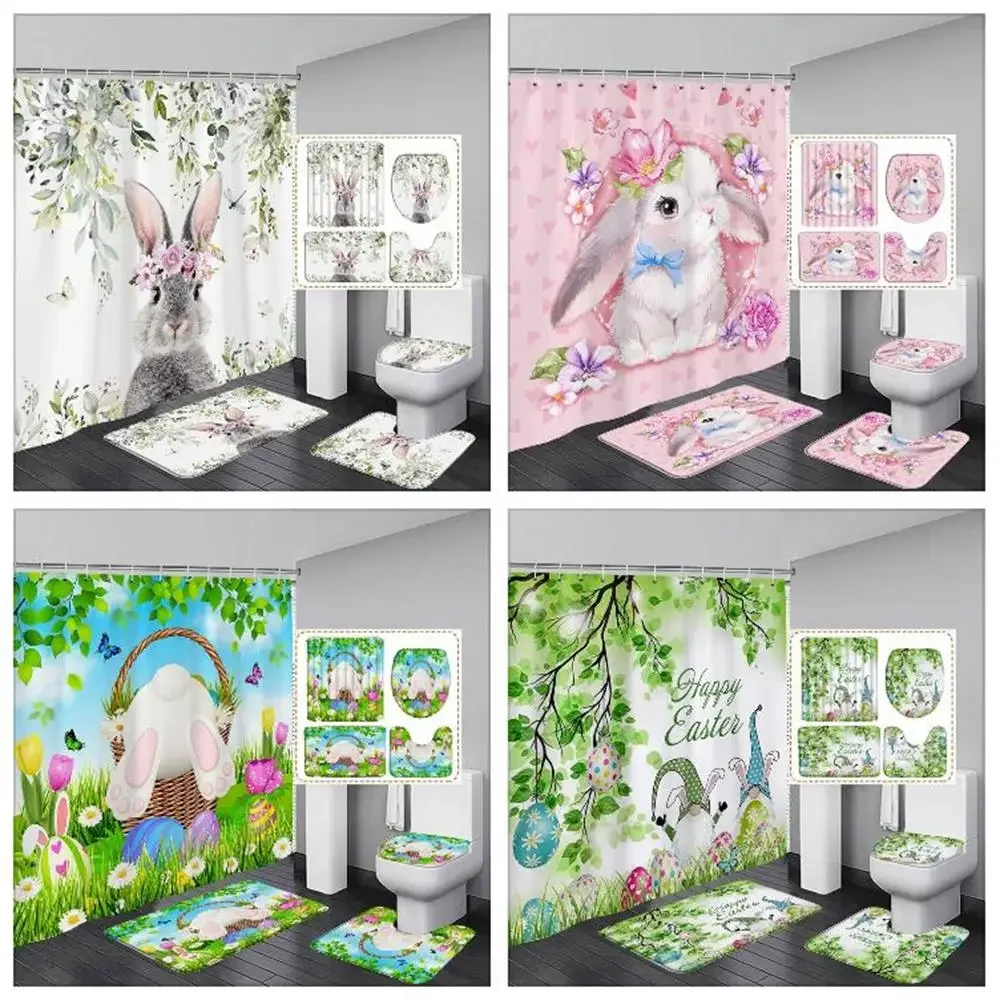 Easter Fun Bathroom Shower Curtain and Rug Set Happy Bunny Eggs Botanical Floral Washable Shower Curtain Bath Mat Bathroom Decor