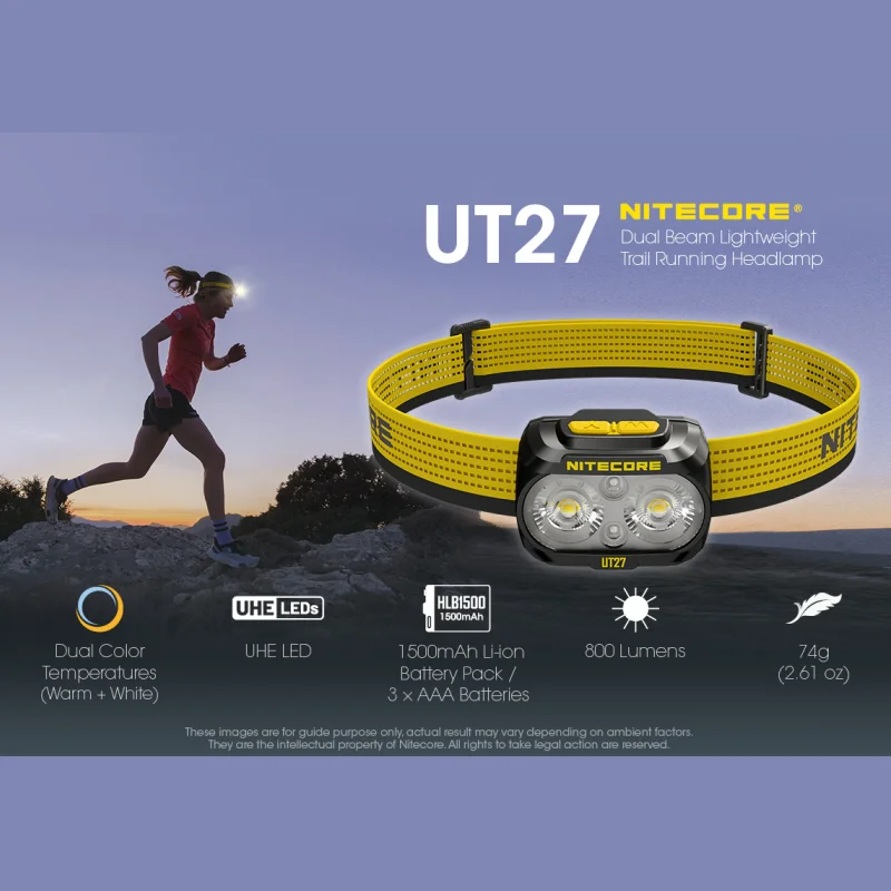 Nitecore UT27 Headlamp Dual Beam Fusion Elite 800 Lumens CREE XP-G3 S3 LED Headlight Running HBL-1500mAh Rechargeable Battery