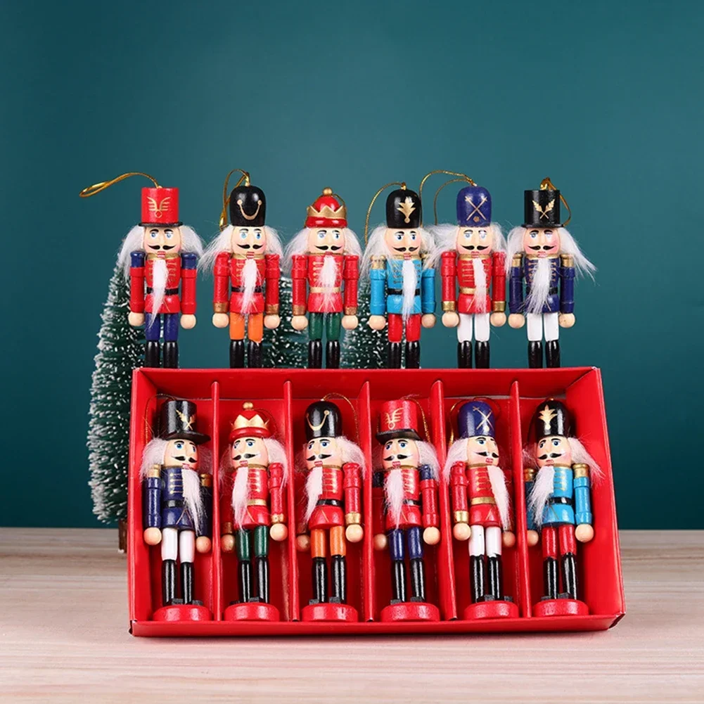 6pcs 12.5CMWooden Nutcracker Ornament Soldiers Figure Christmas Tree Pendant Office Table Xmas Decor Statues Gifts Ornaments