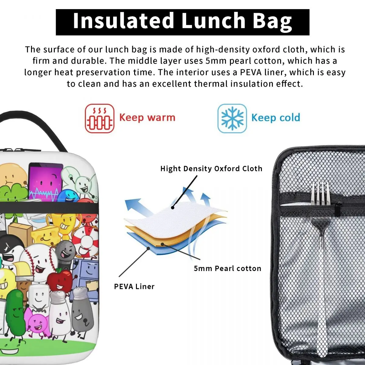 صناديق الغداء The Gang's All Here! Inanimate Insanity BFDI صندوق طعام كرتوني كاجوال مبرد حراري صندوق غداء للمدرسة #5