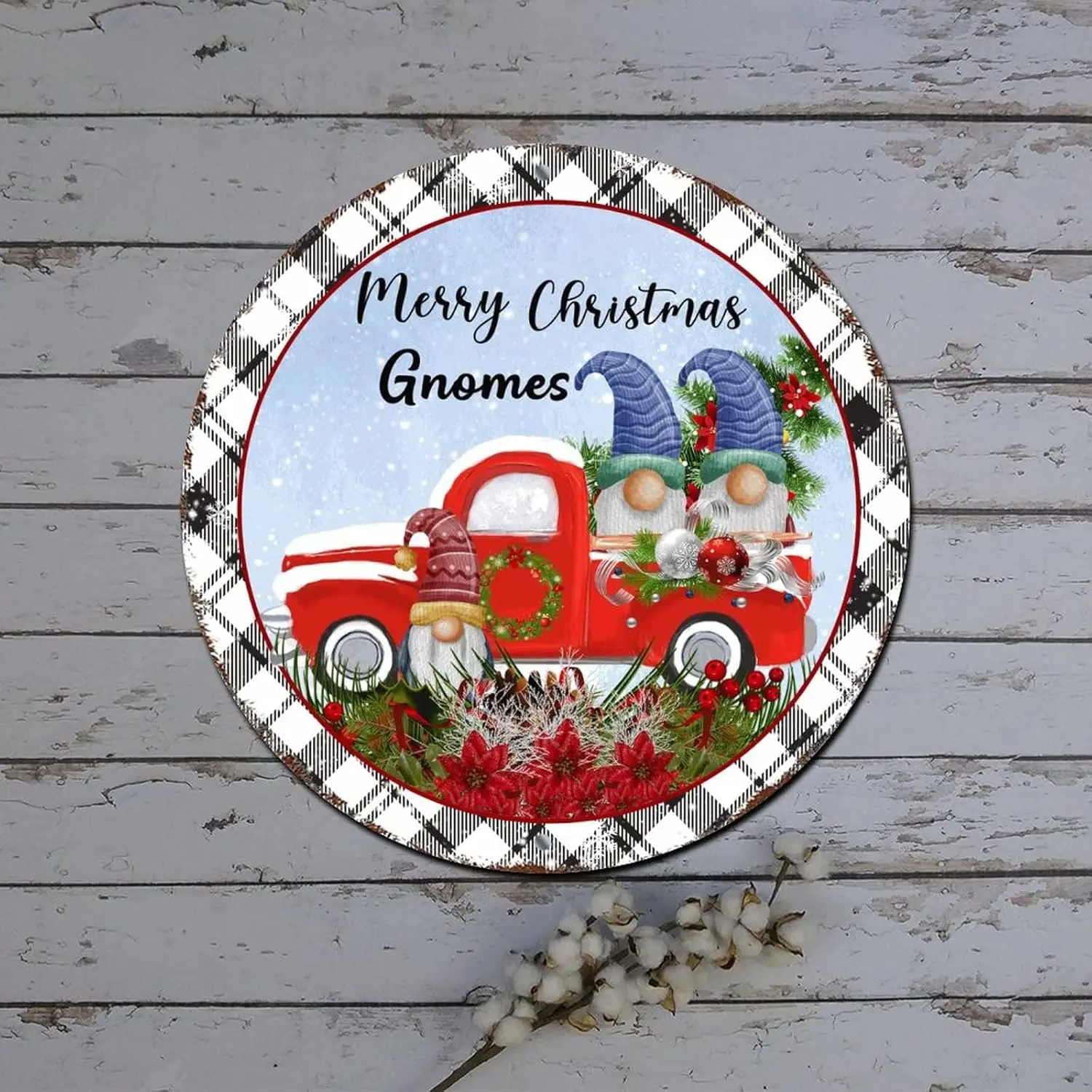 Christmas Round Tin Sign Red Truck with Gnome Plaid Pattern Design Round Metal Tin Sign Christmas Joy Decor Shabby Metal Sign fo