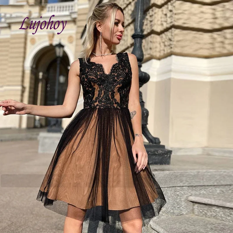 

Sexy Black Short Lace Cocktail Dress Party Little Ladies Girl Tulle Women Prom Homecoming Graduation Semi Formal Dress