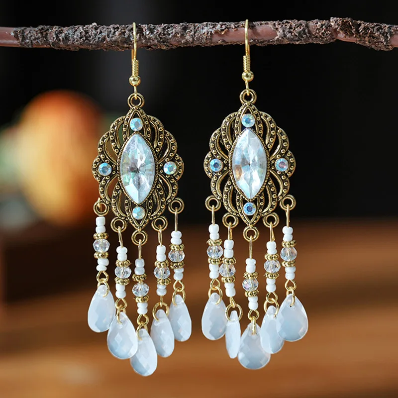 White Enamel Peacock Water Drop Feather Earrings for Women Ethnic Elegant Long Crystal Rhinestone Earring Boho Vintage Jewelry