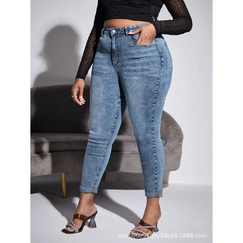 Cross-Border European and American plus Size Light Blue Denim Skinny Pants FatMMStretch pencil pantsTEMUAmazonSHEINForeign Trade