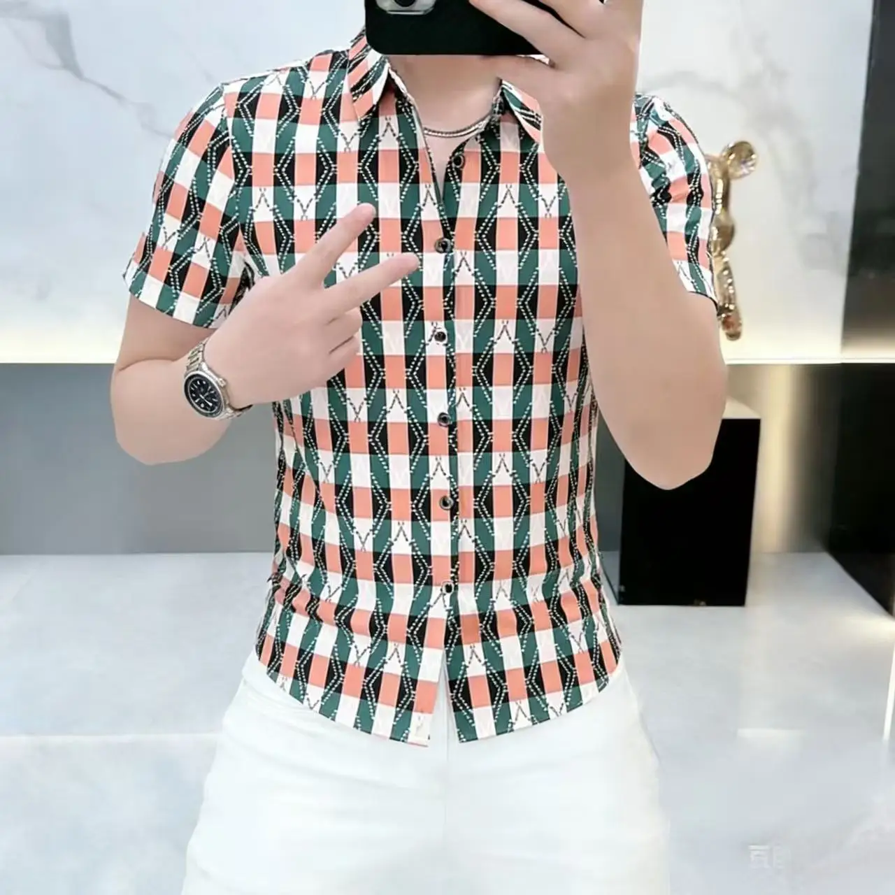 Green Striped Print Classy Shirts For Men Short Sleeve Slim Fit Summer Quality Coolness Anti-Wrinkle Exquisite Camisas De Hombre