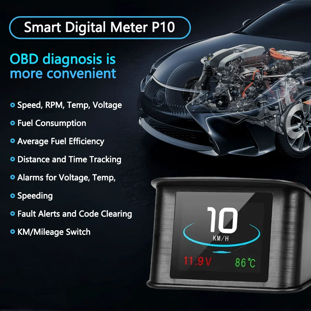 P10 Car Head Up Display 2.2 Inch HUD Smart Digital Meter OBD2 Computer Speedometer Overspeed Alarm Temperature Fuel Consumption