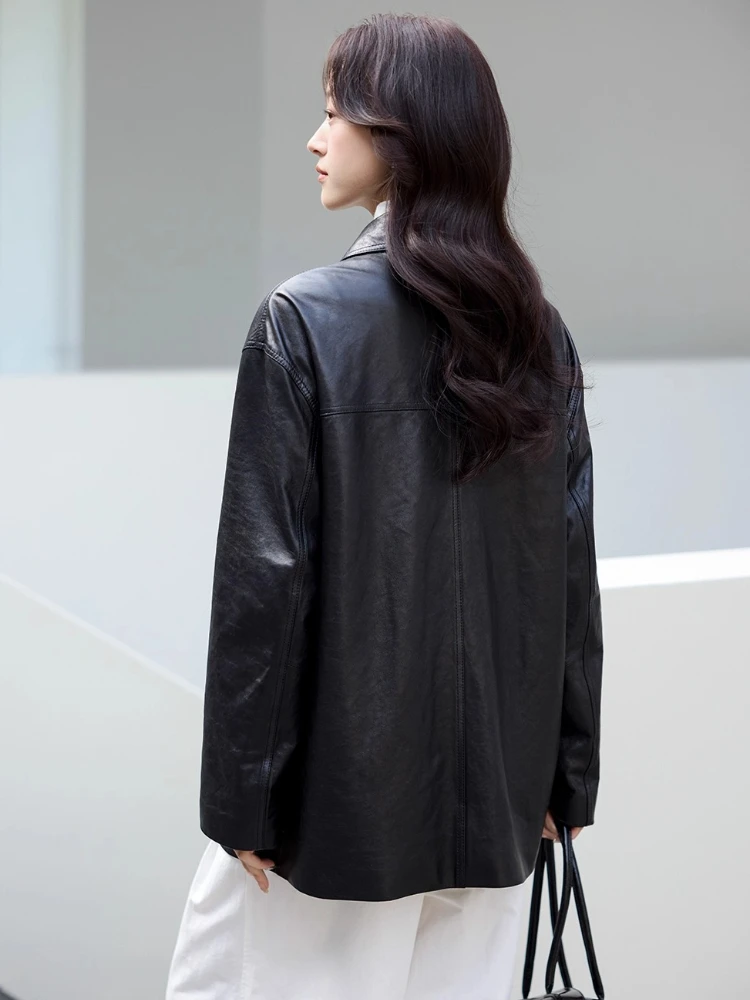 Casual Black Genuine Leather Windbreaker Jackets Women Spring Autumn 2025 New High-end Simple Soft Oil Wax Real Sheepskin Coat