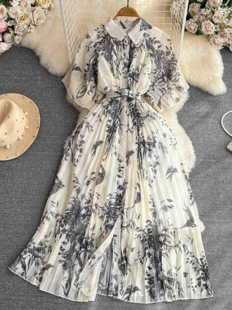 Nieuwe Temperament Afdrukken Gewaad Femme Single Breasted Vintage A-lijn Jurken 2025, Vestidos De Mujer Slanke Taille Riem Geplooide Jurk