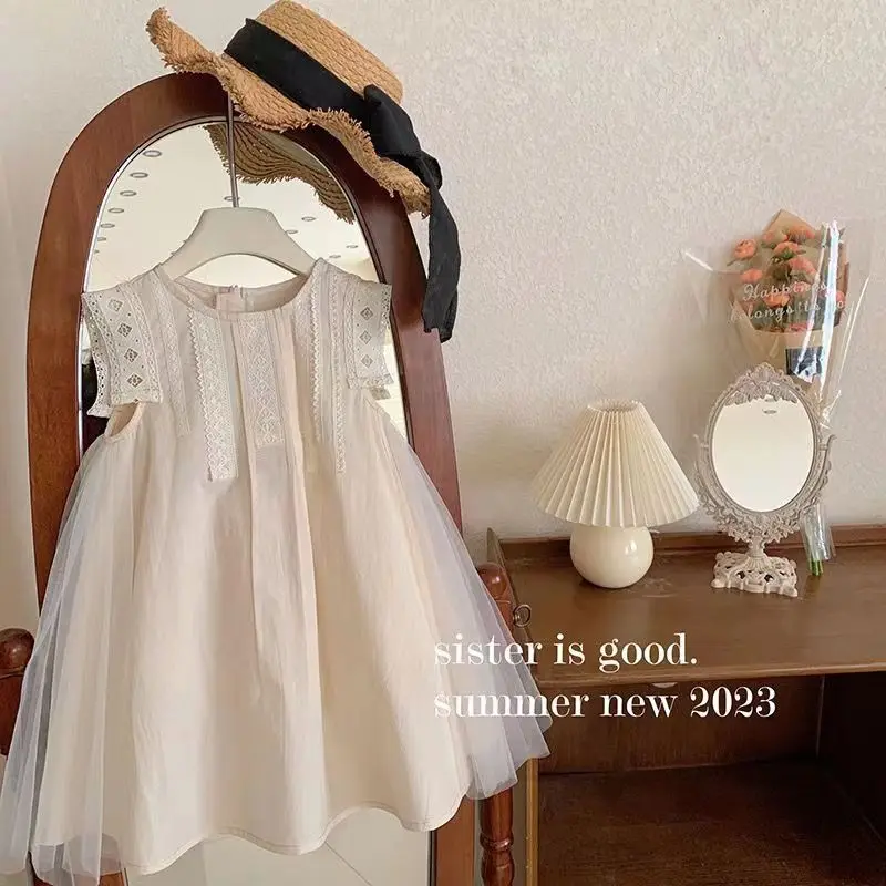 Children Clothing Baby Girl 2023 Summer Beige Mesh Sleeveless Lace Vest Dress Princess Sweet Fashionable Girls Casual Dress