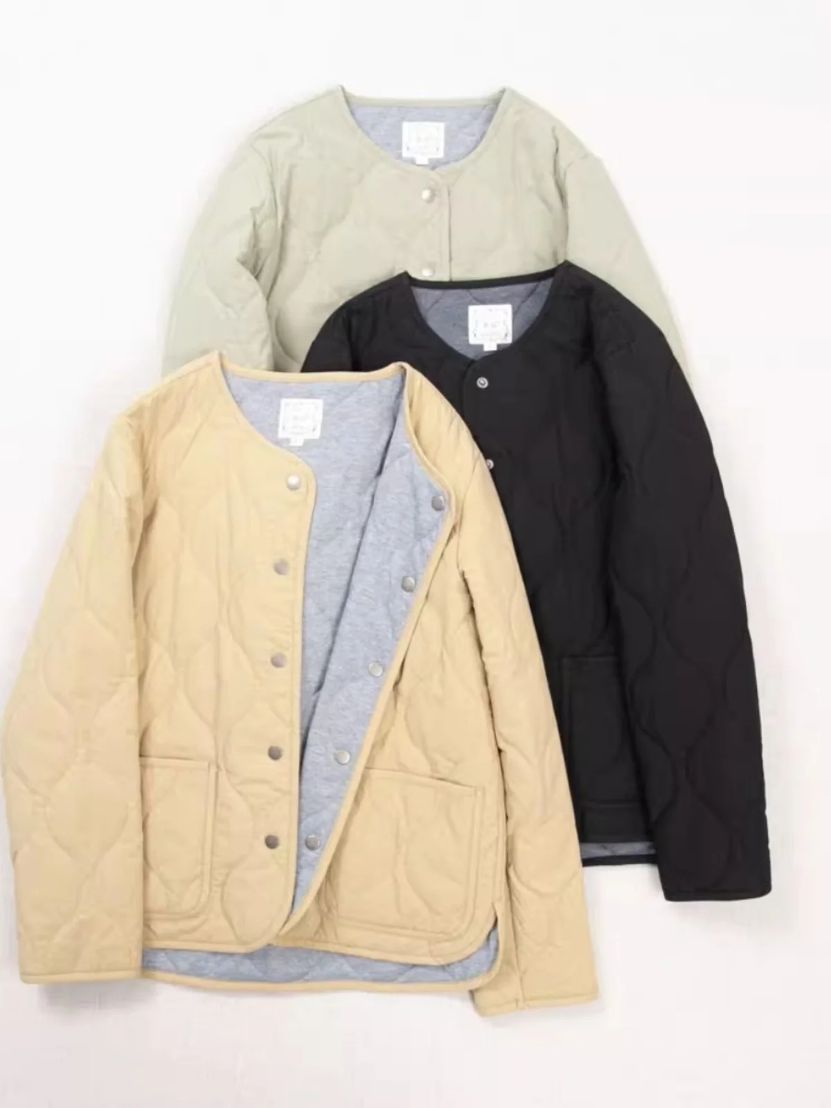 

Lightweight round Ne Cotton Jaet Women's Autumn Winter Warm ort Outerwear Diamond Pattern Japanese Sle Commute Loose Fit