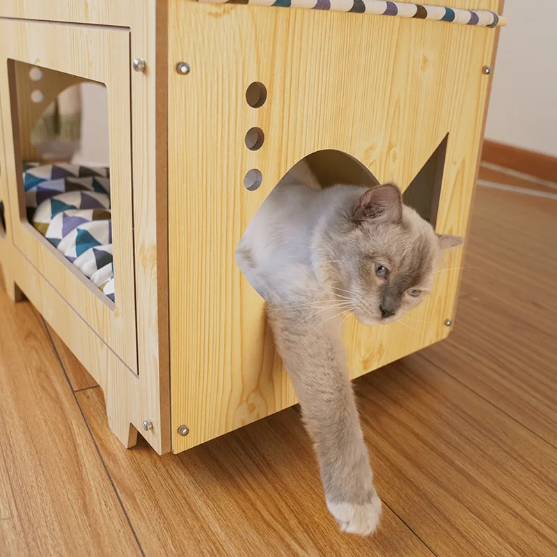 Cat House Dog House Wooden Double-layer Hammock Integrated Cat Supplies Soft Cushion Hollowed Out Splicing Assembly