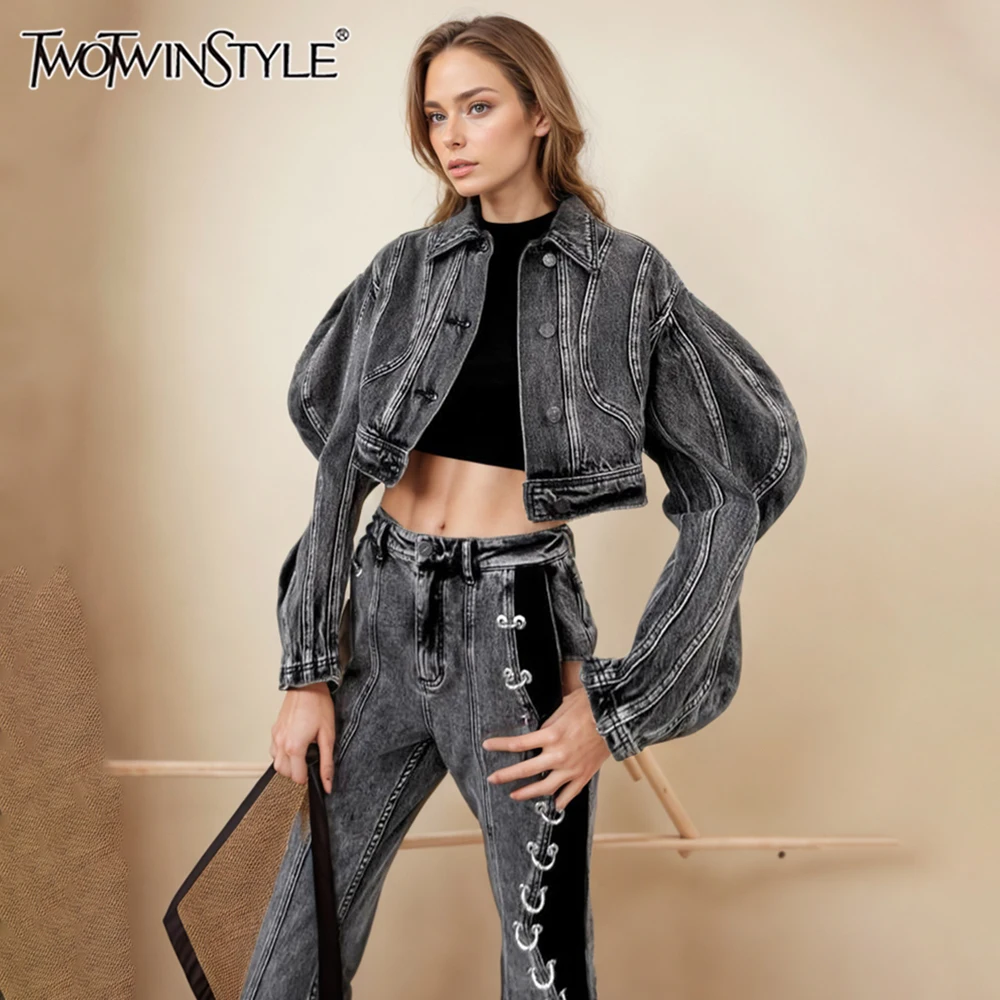 

TWOTWINSTYLE Solid Chic Denim Short Coats For Women Lapel Long Sleeve Spliced Single Breasted Slim Jackets Female Fashion New