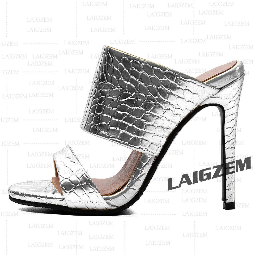LAIGZEM Women Pumps Metallic Crocodile Print Slide Slip On Mules Thin High Heels Party Handmade Shoes Woman Large Size 39 45 52