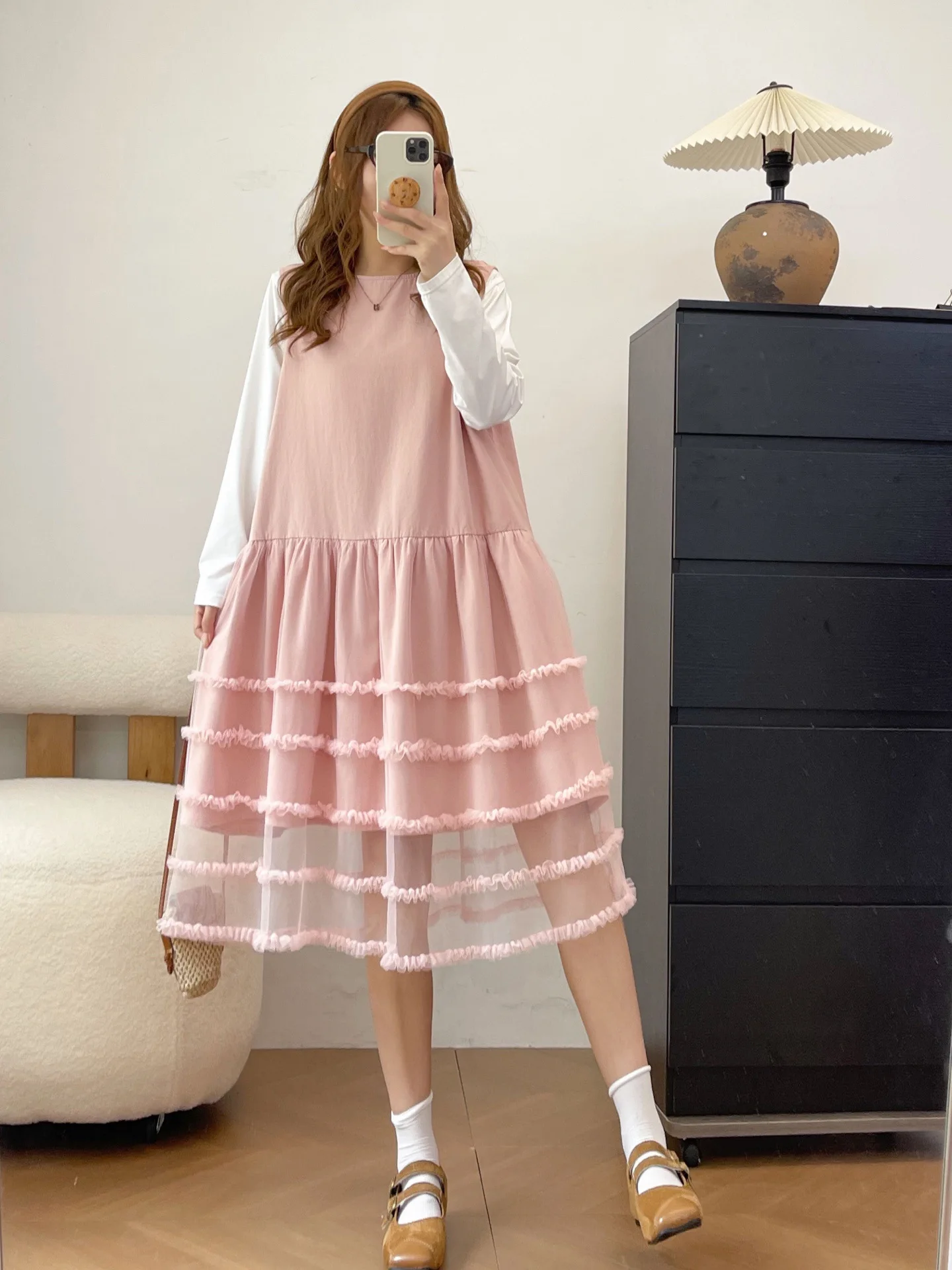 New 2026 Fall Women Cotton Sleeveless Vest Dresses, Ruffles Mesh Patchwork, Mori Girl Age Reduction Loose A-line Dress D68352CC