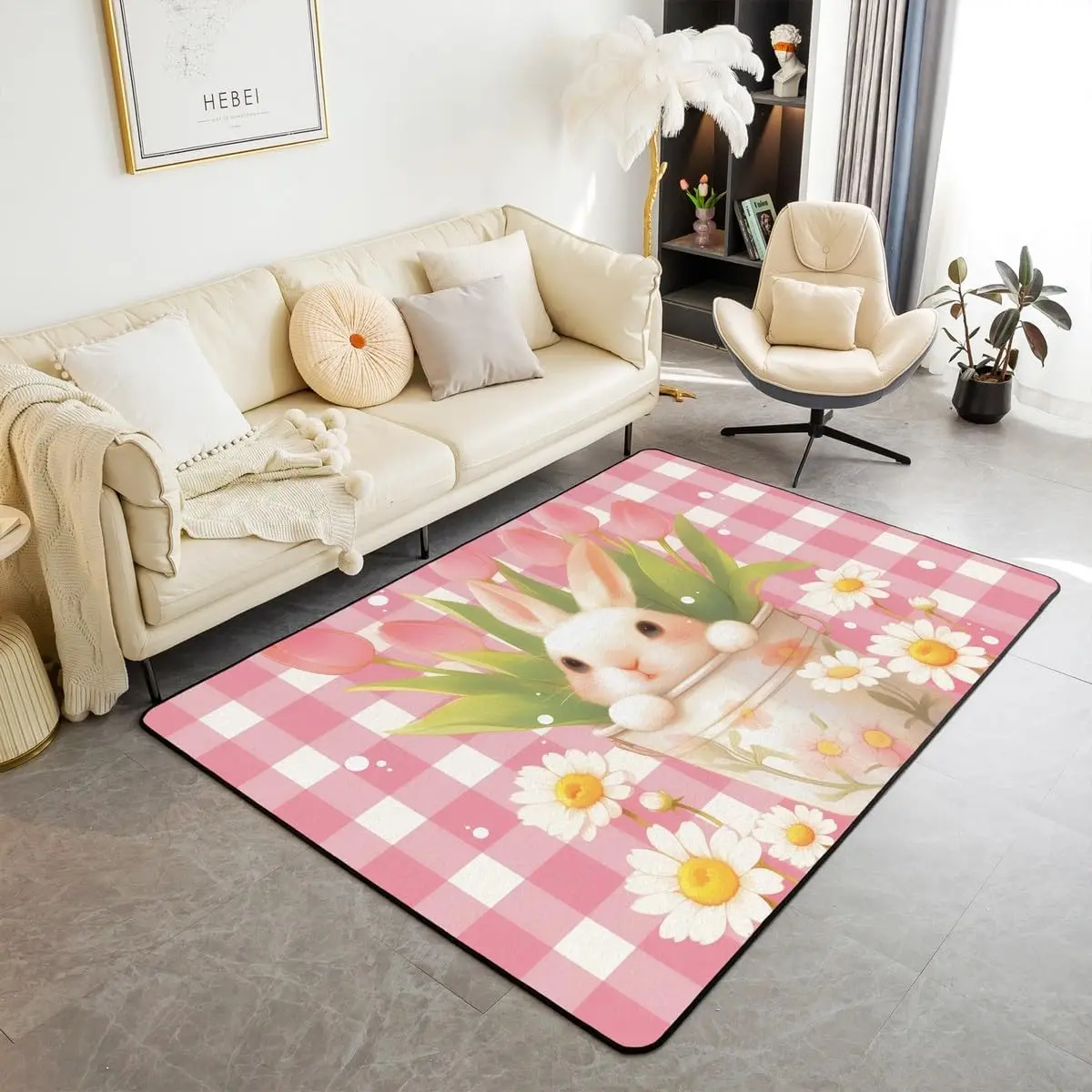 Cactus Area Rug, Flowers Desert Plant Carpet, Black Cartoon Decorative Rug, Safari Wildlife Indoor Floor Mat for Teens Adults