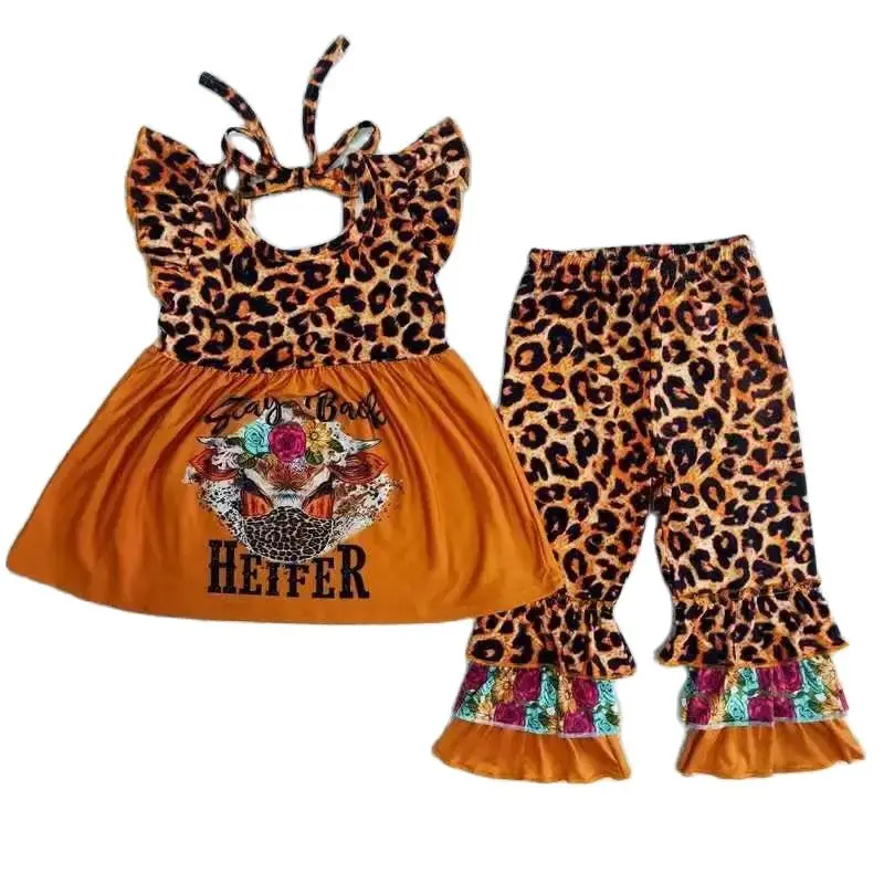 B10-14 Kids Girls Summer Outfit  Sets  Sleeves Top Heifer Letters Print  With Three-Layer Leopard Print Pants Children Clothes