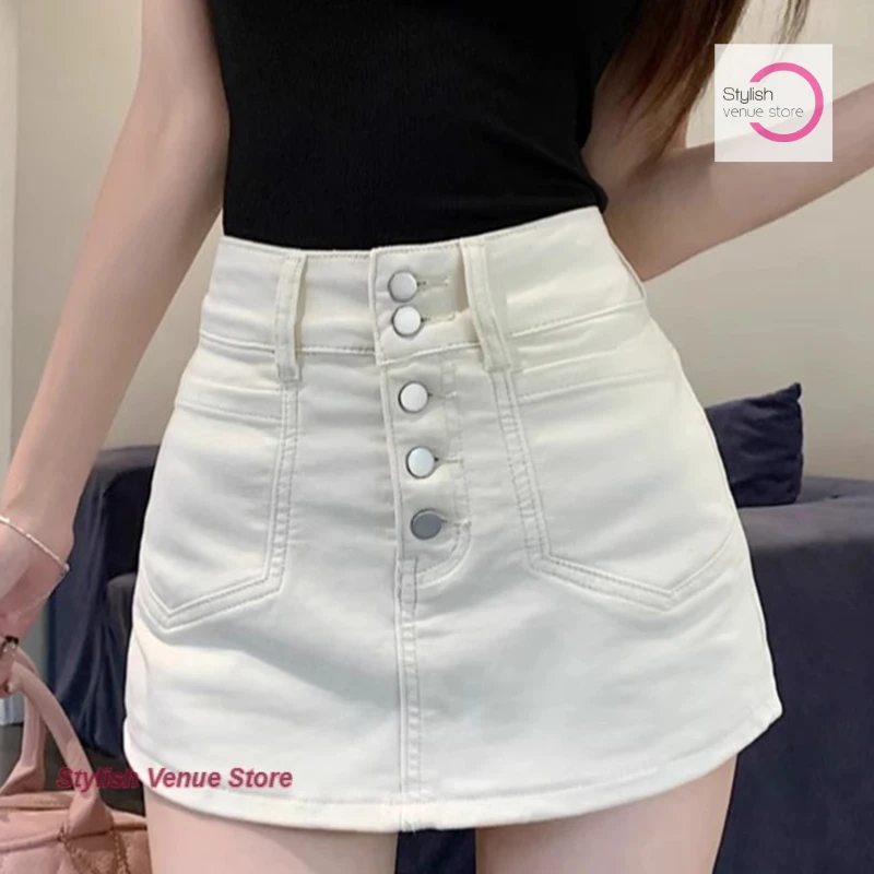 

Korean fashion Joker denim short skirt female spring and summer new Joker slim A-line skirt with lining anti-exposure skirt.