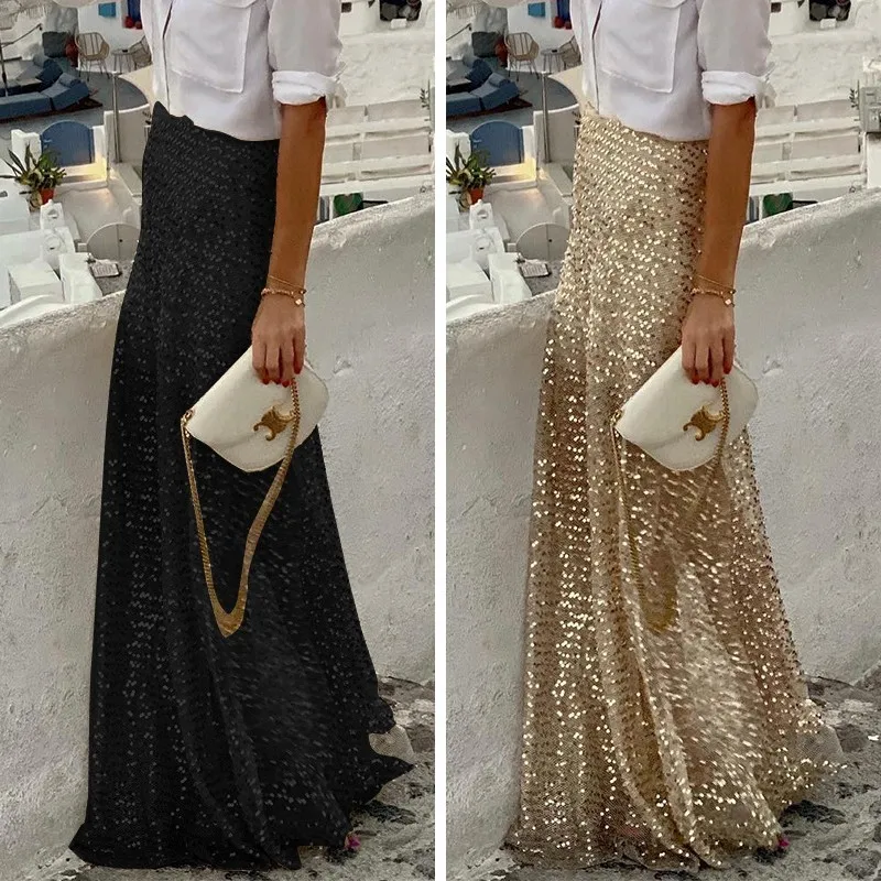 

Elegant Shining Sequin Midi Skirt Sexy Luxurious Stretch Pleated Skirts Stylish Plus-Size Women Skirt Holiday High-Waisted Skirt