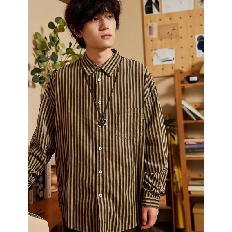 Khaki Vertical Stripe Long Sleeve Shirt Unisex Korean Loose Fit Soft Cotton Blend Button Up Top Minimalist Style All Year Round