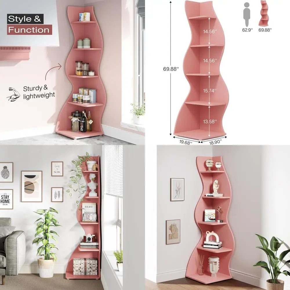 

5-Tier Wall-Mounted Bookshelf, Compact Storage Rack for Books and Plants, Suitable for Living Room or Home Office (Pink)
