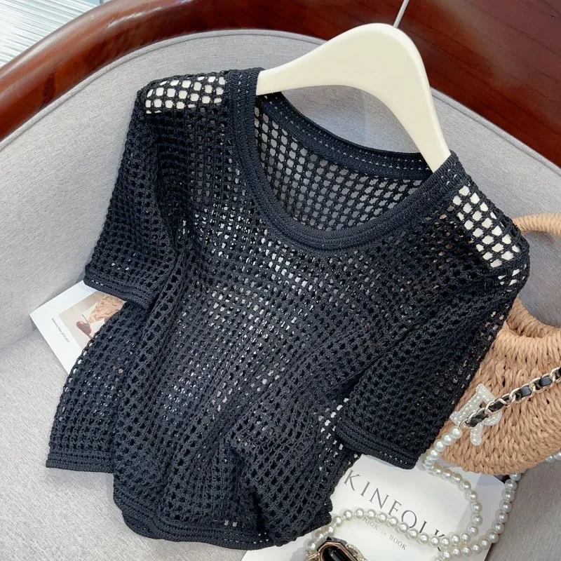 

Women's 2025 New Chic Niche Loose Short Solid Color Versatile Top Summer Hollow Out Short-sleeved Knitted T-shirt