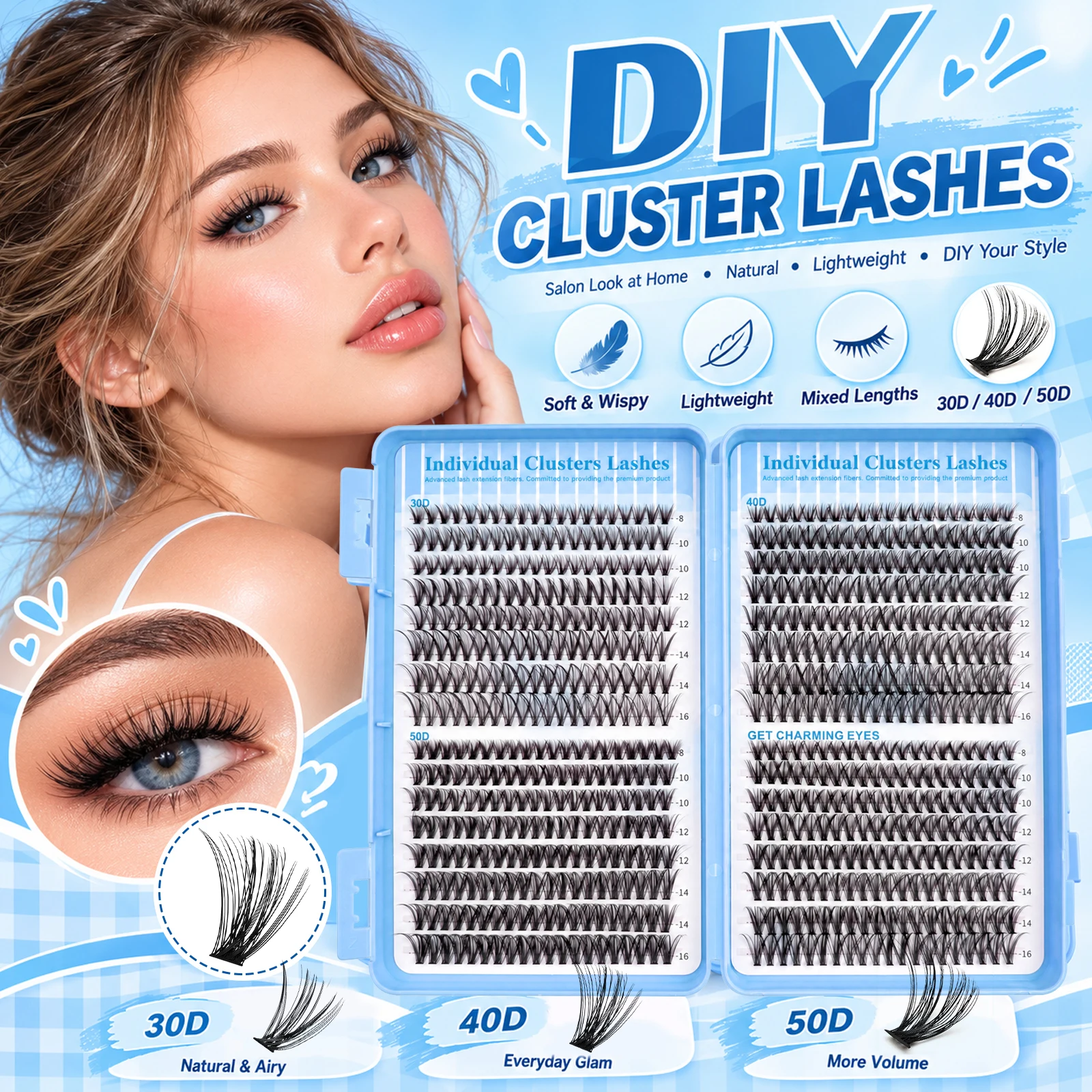 640PCS DIY Lash Clusters Mixed Length 30D 40D 50D 8-16mm Wispy Volume False Eyelashes Soft Lightweight Natural Fluffy