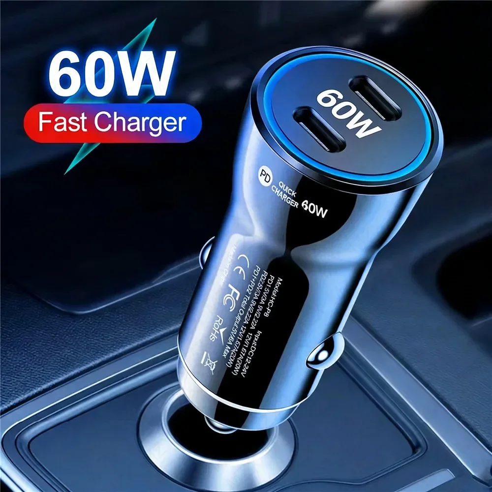 60W/75w PD Dual USB-C Car PD Fast Charging Universal Vehicle Power Adapter For Phones Tablets Dash Cams For iPhone