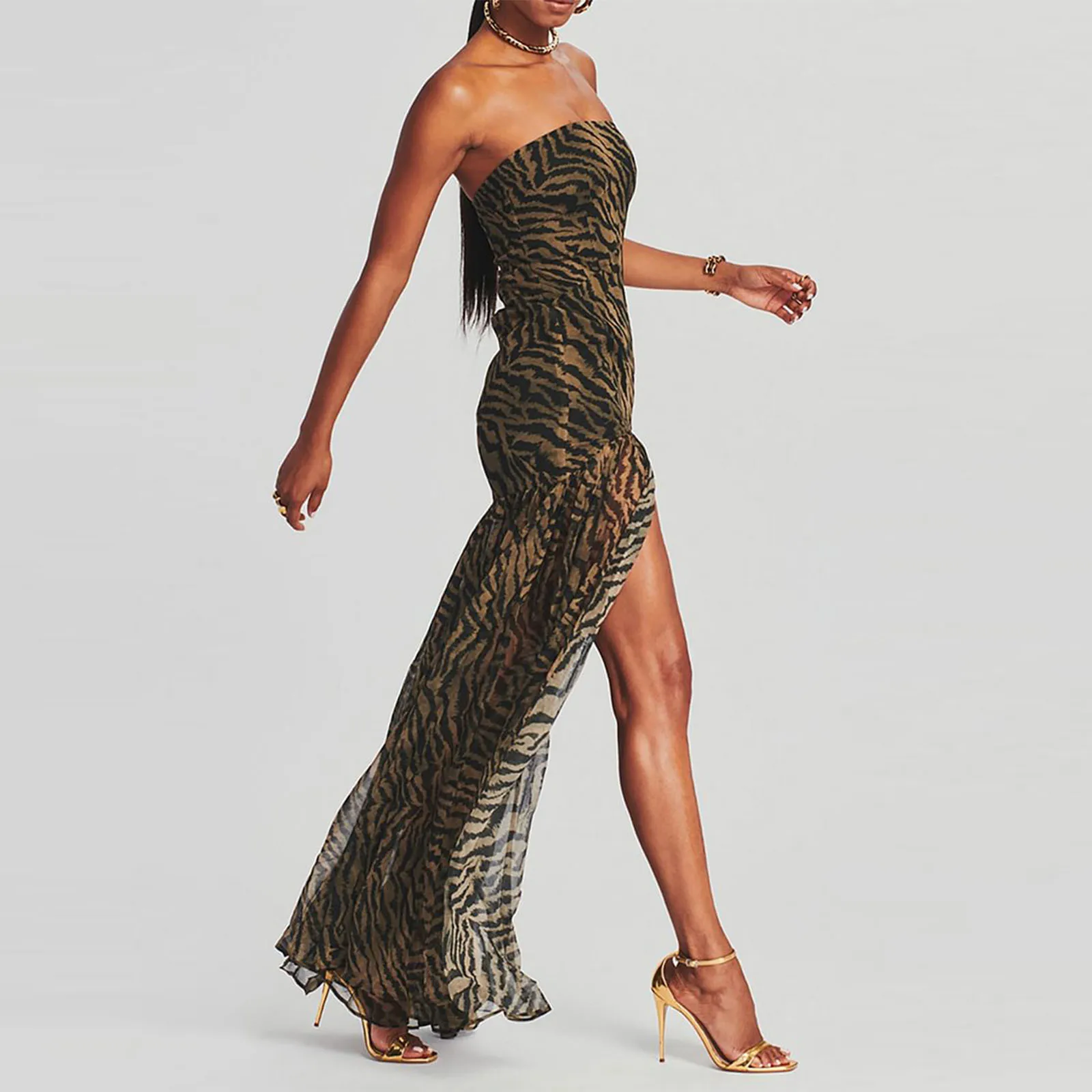 Women's Tube Top Dress Slim Strapless Backless Mesh Patchwork Tropical Leopard Print High Slit Long Dress for Party Club Night