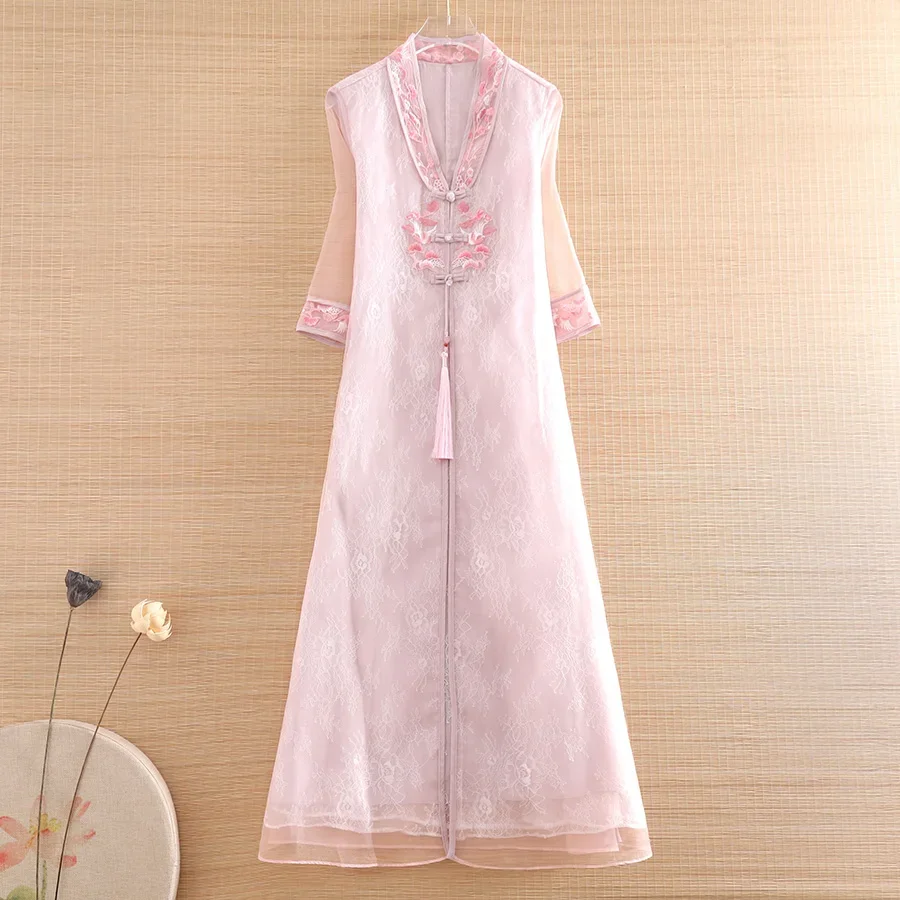 

High Quality Spring Summer Chinese Style Tassel Organza Hanfu Dress Embroidery Floral Retro Elegant Loose Women Dress S-XXL