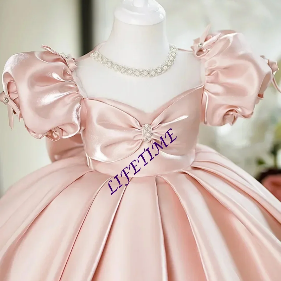 Elegant Princess Dress for Baby Girls with Cute Bow Puff Sleeves Birthday Teenage Party Dress Customized New Children's Clothing