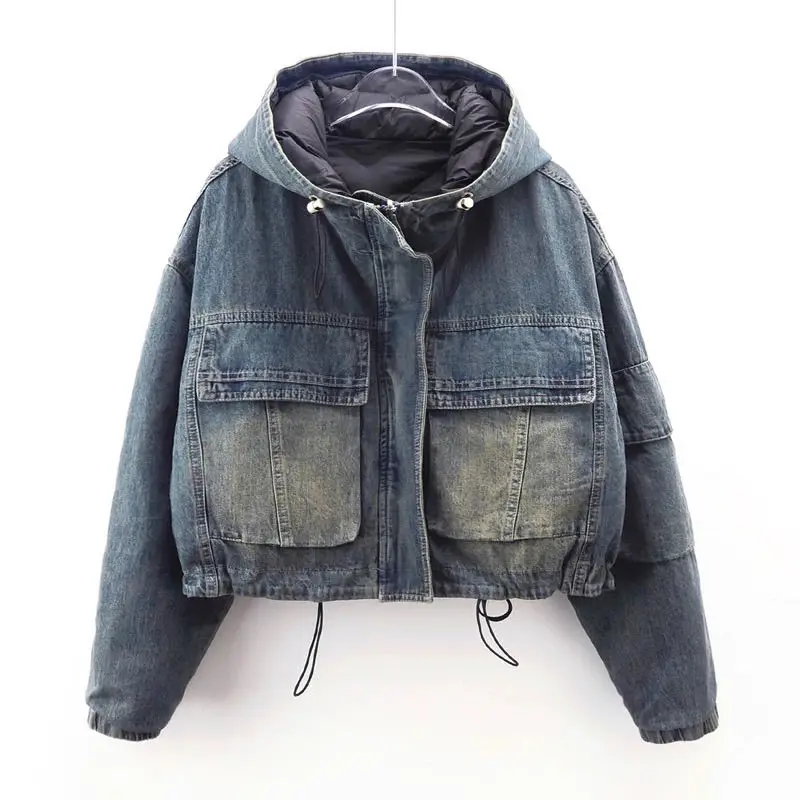 Autumn Winter New Popular Down Cotton Liner Light and Thin Down Cotton Denim Jacket Women's Short Two-sided Top Pretty Jacket