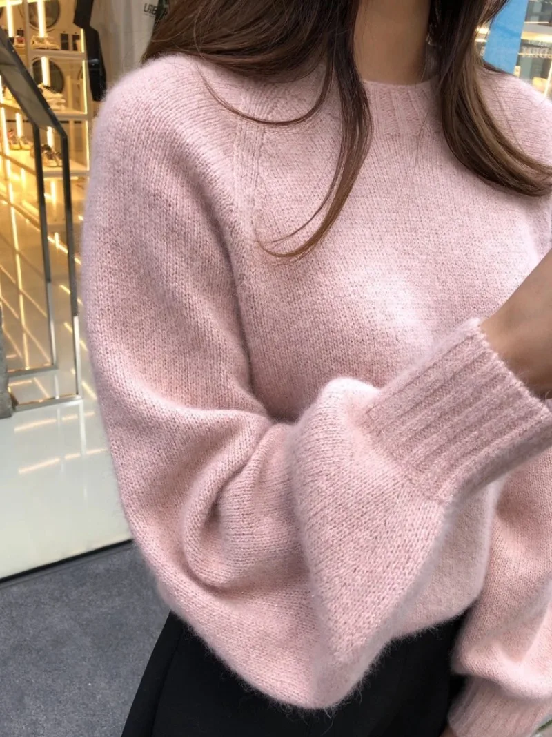 Korean Chic Fresh Sweet Pink Sweater Simple O-neck Long Sleeve Pullover Knit Top 2024 New All-match Soft Warm Jumpers Femininas