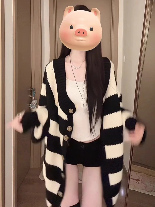 

Женский вязаный кардиган больших размеров в полоску, универсальный, для повседневной носки, модный, на раннюю осень, свободного кроя, с длинными рукавами