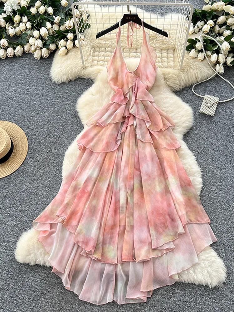 Summer French V-neck Halter Top Dress for Women's New Beach Vacation Sexy Irregular Lotus Leaf Edge Chiffon Length Dress S382