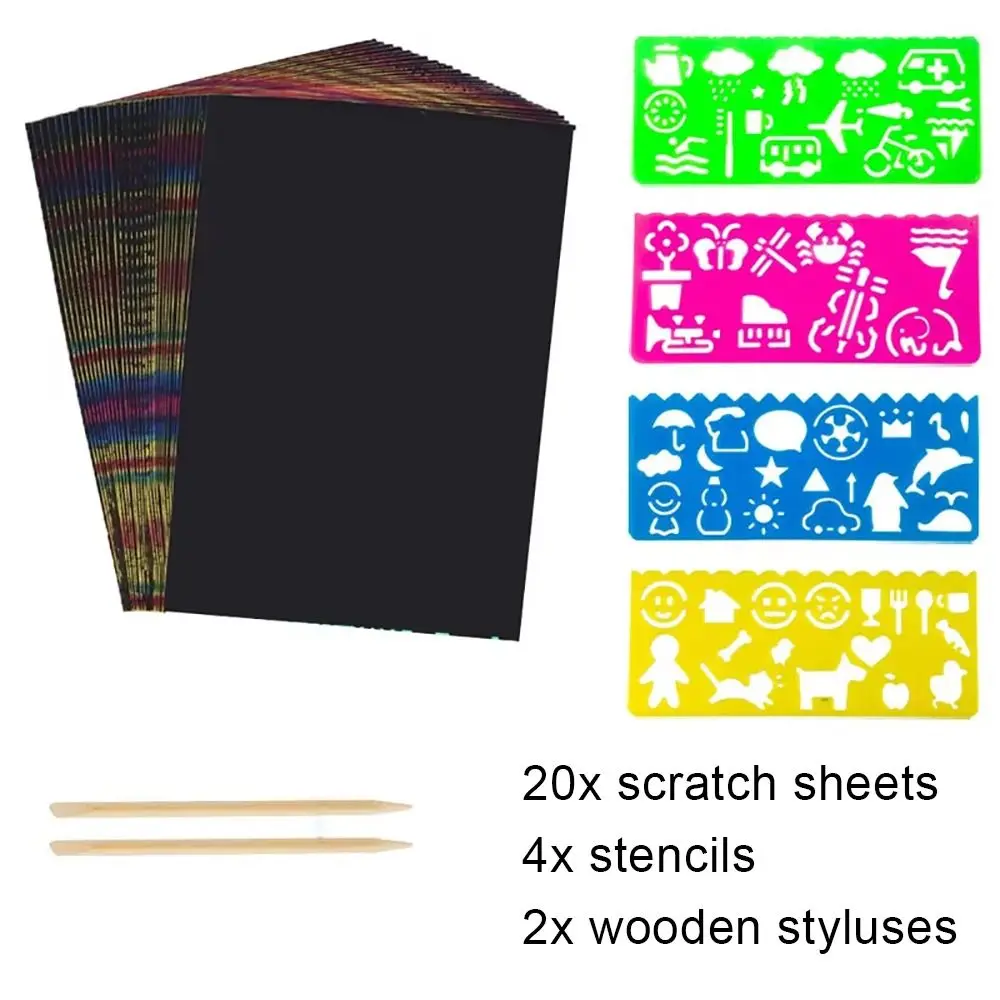 20 قطعة 16/32K ورق رسم للخدش أسود مع عصا الخيزران ورق رسم قوس قزح ماجيك جرافيتي لتقوم بها بنفسك طقم رسم فني إبداعي