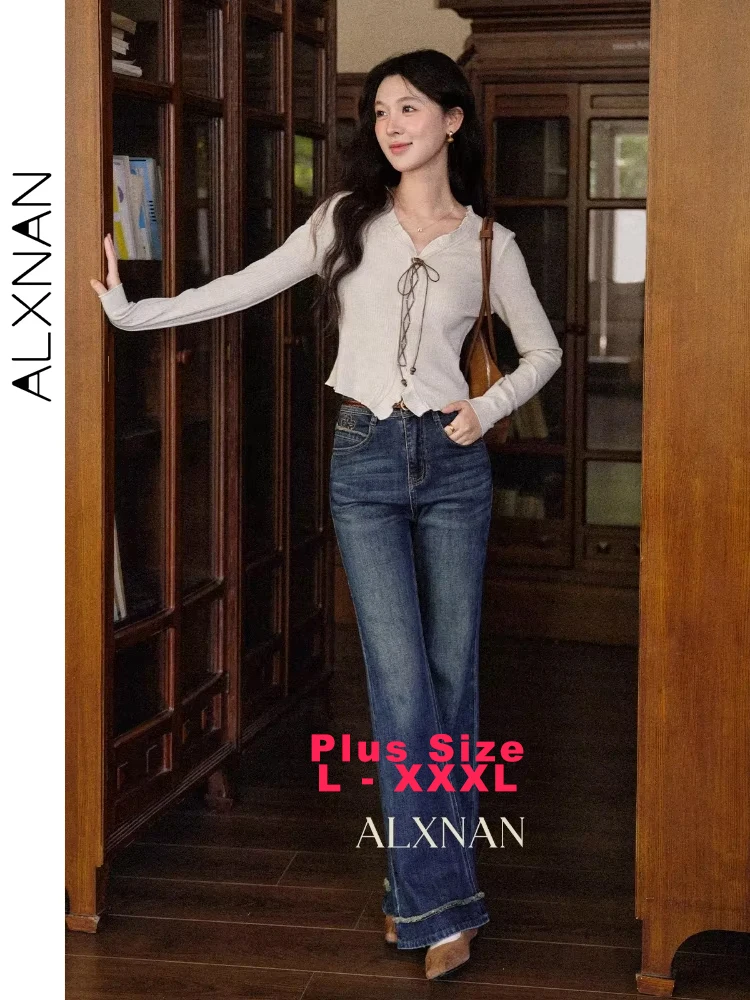 

ALXNAN плюс размер абрикосовый вязаный свитер, осенний осенний свитер с рюшами и v-образным вырезом, завязками на шнурке, облегающие универсальные пуловеры D12893