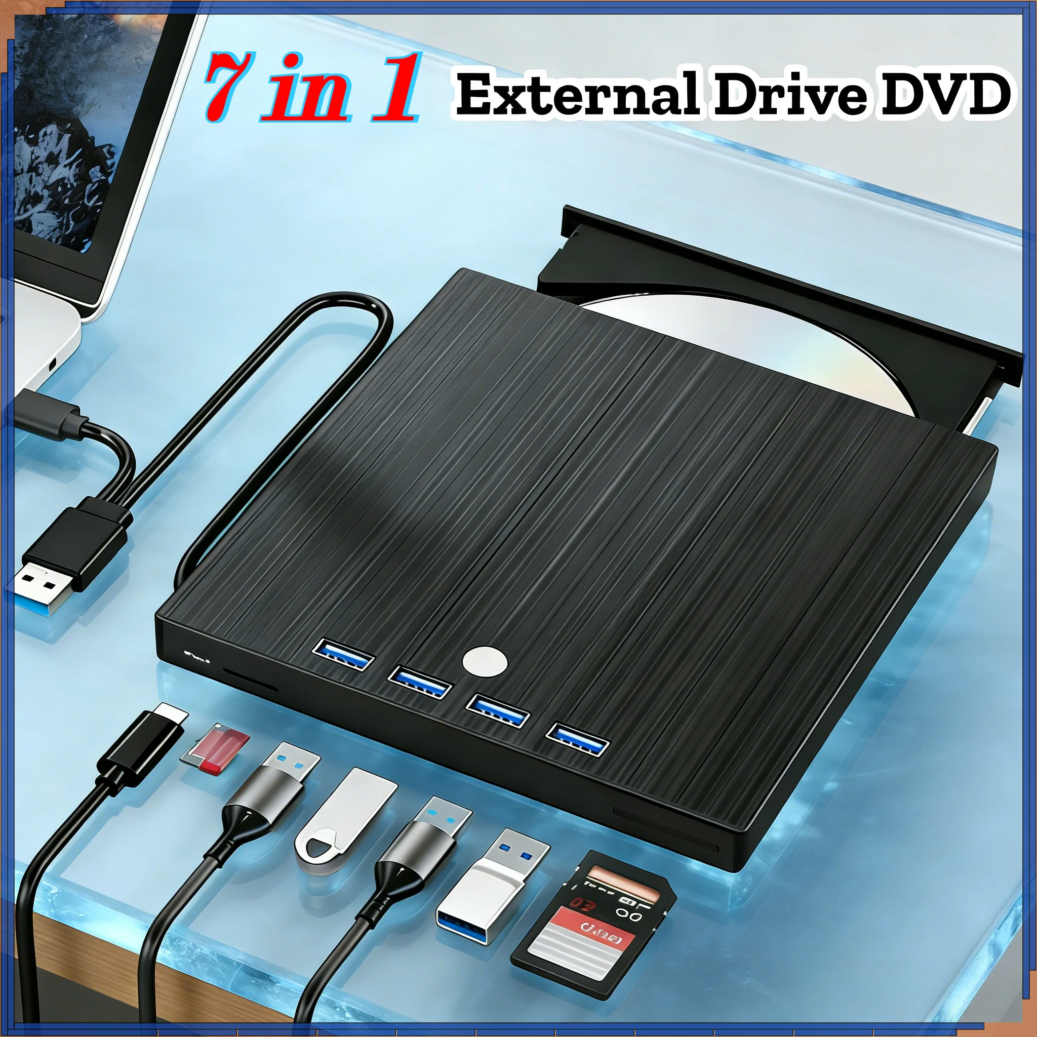 USB C USB 3.0 External 7 in 1 CD/DVD RW Drive Read Burner Portable DVD Player Optical Drives For Laptop Notebook PC Windows11 10