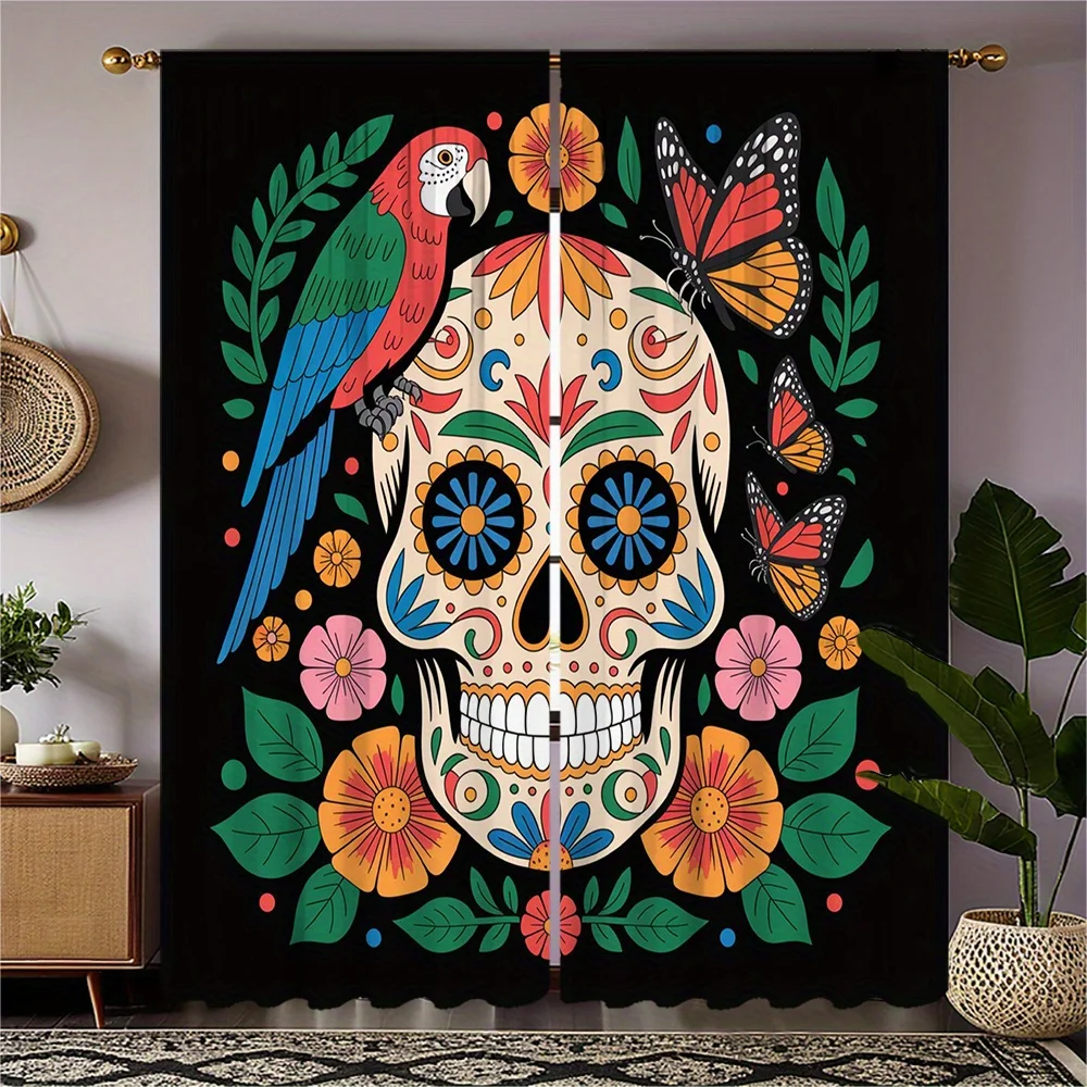 2pcs Dia de los Muertos Curtains - Mexican Day of the Dead Window Drapes with Sugar Skull Floral design, Semi-Sheer Rod Pocket C