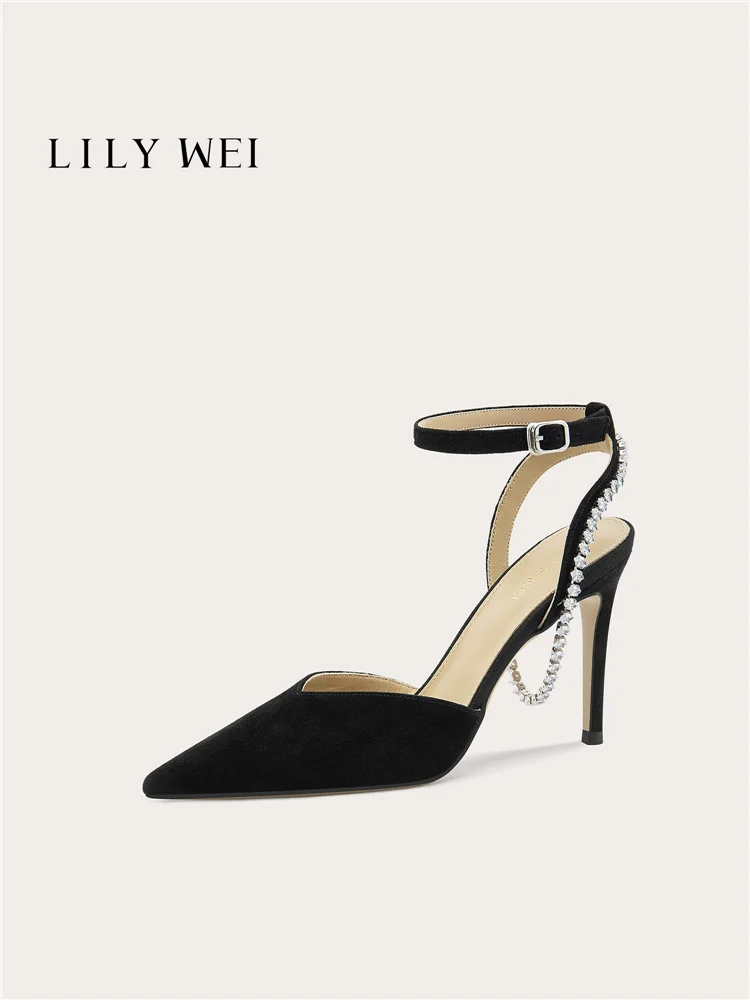 

Summer pointed leather suede rhinestone chain low heeled sandals for banquet dresses, big size small size high heels women shoes