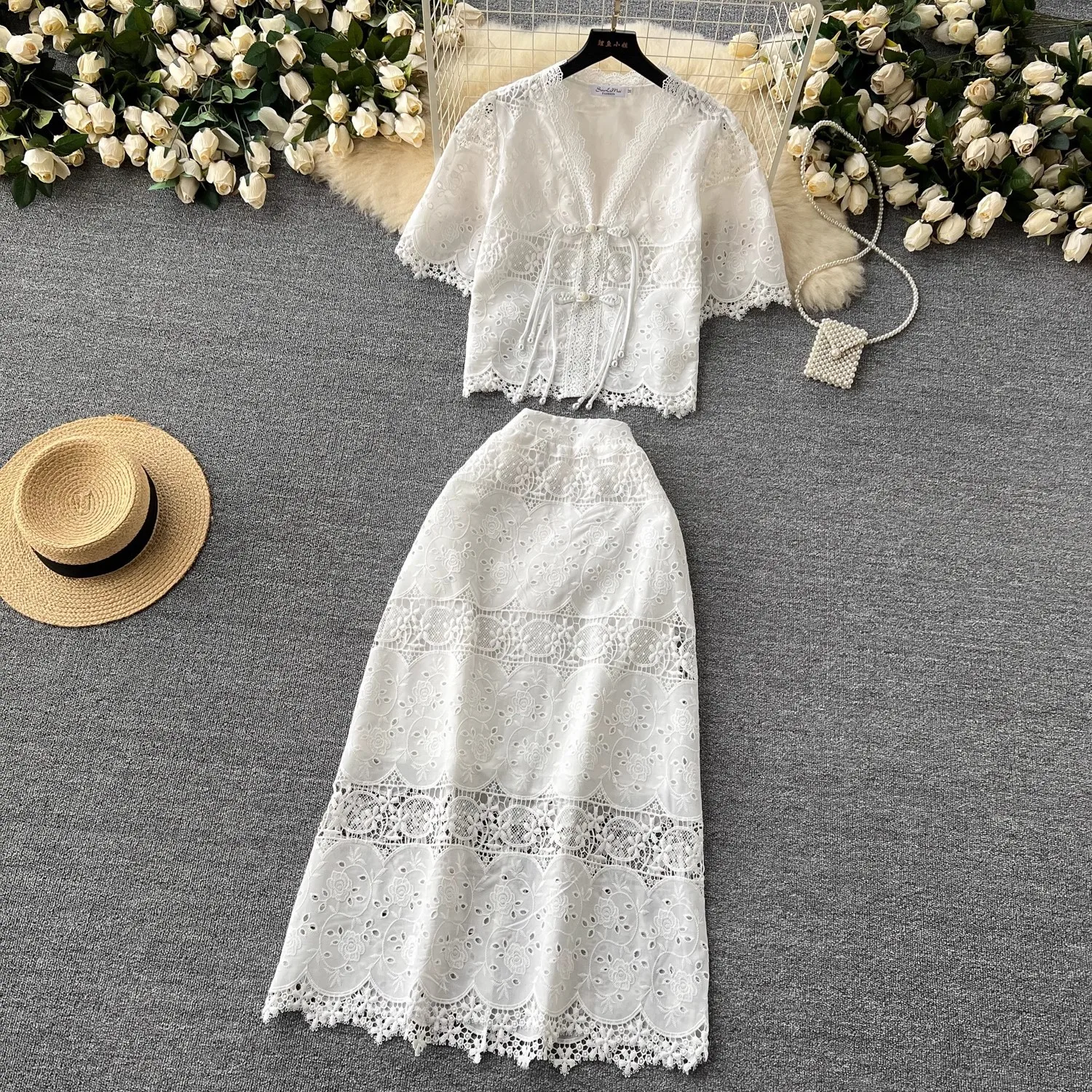 Summer Holiday Embroidery Flower White Lace Two Piece Women Midi Skirt Set Water Soluble Buttons Shirt Top + Skirts Suits