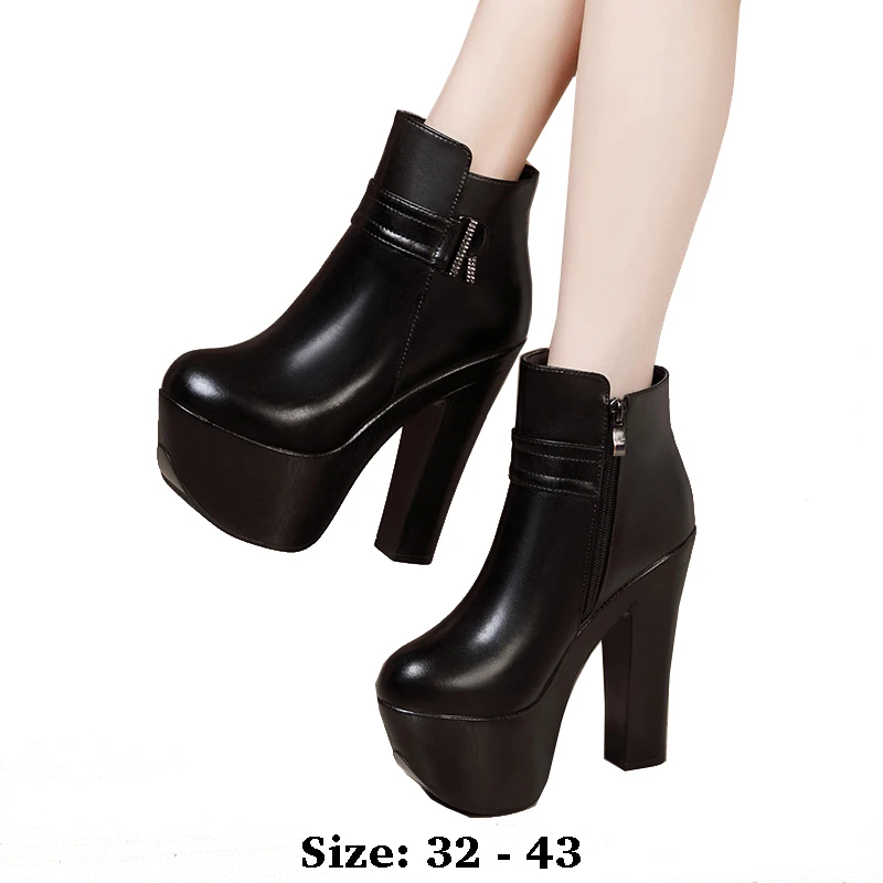 

High quality short ankle leather boots for women 15cm high heel platform 32 33 34 autumn winter fashion elegant shoe black red