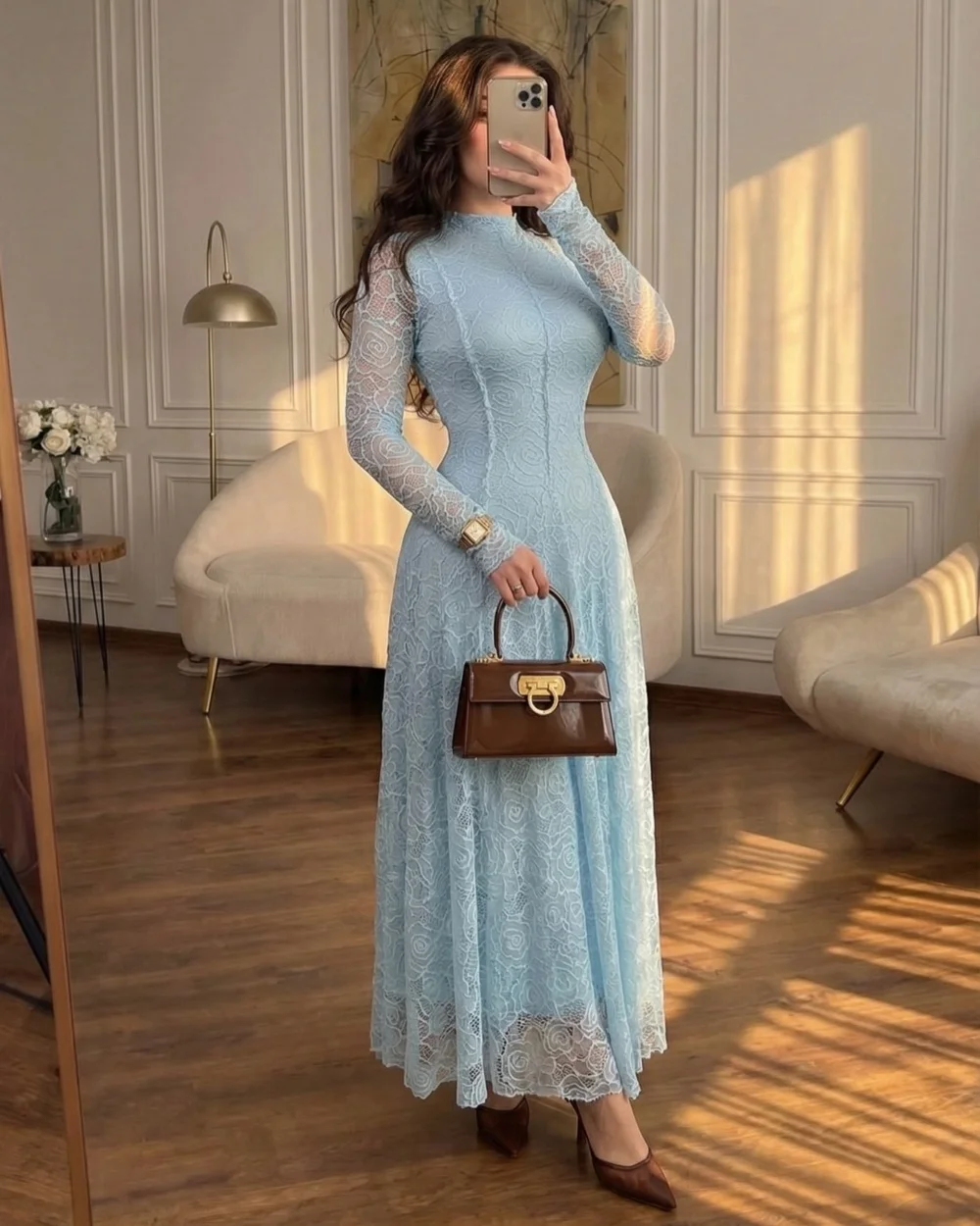

Customized Fashion Lace Pleat A-line High Collar Long Evening Dresses Luxury Celebrity Simple High Quality