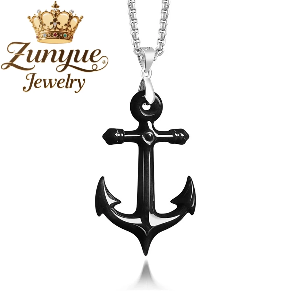 

S925 silver set with natural jadeite ship anchor pendant Luxury Quality Fashion Fine Jewelry Exquisite Elegant Popular Charms