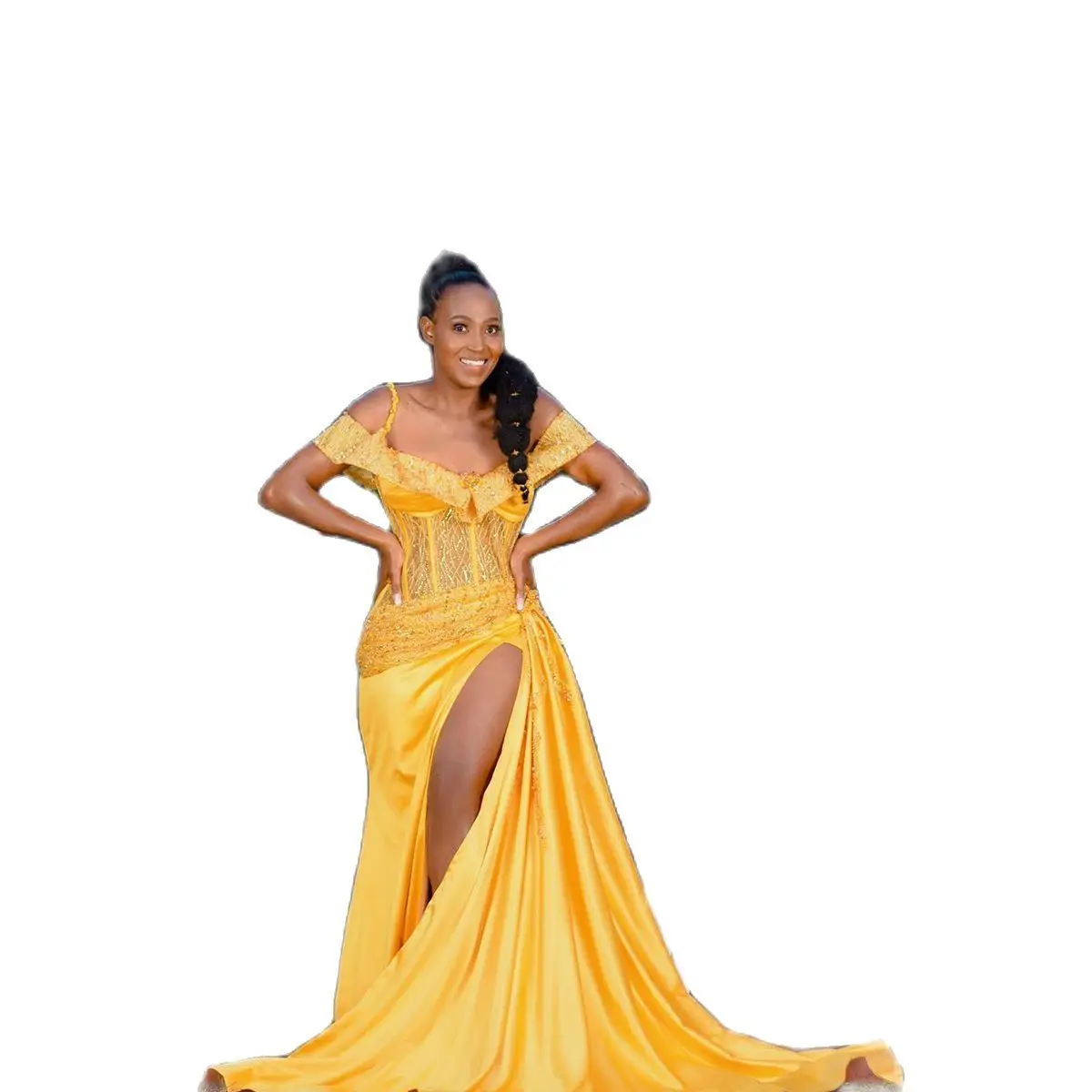 

Lorencia Yellow Satin Mermaid Evening Dress Beads High Split Prom Dresses Special Occasion Dresses Party Gowns Custom YPD6