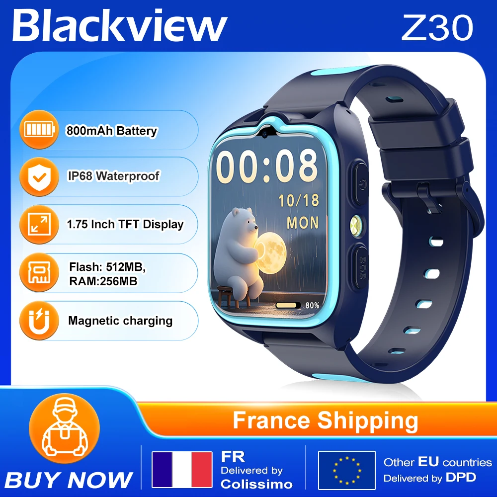 Montre connectée Blackview Z30 pour enfants, écran HD 1.75, GPS, LBS, WIFI, montre de suivi étanche pour enfants, pour cadeau d'anniversaire pour enfant